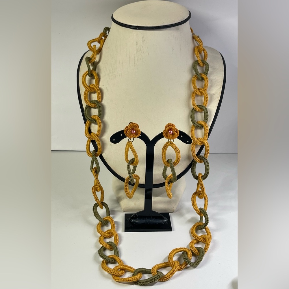 Gorgeous! Handmade Crocheted Necklace (Belt, 2 'n 1) & Earrings Set. Boho Style